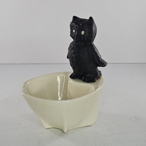Vintage Ceramic Owl Catch All Candy Dish Mid Century Modern Decor Rhinestone Eye - Picture 2 of 8